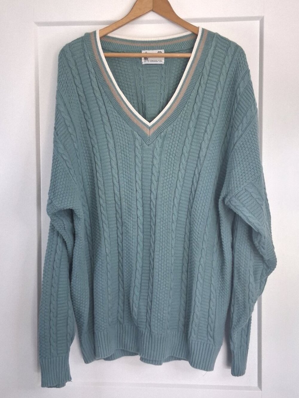 London Fog Cable Knit V-Neck Sweater Mens 2XL Blue Green Preppy Grandpa Style